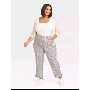 🐻 Ava & Viv Women's Cream Plaid High Rise Ankle Tapered Pants Sz: 24 NWT